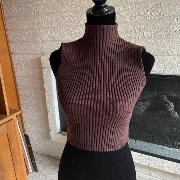 Zara Brown Knit Mock Neck Ribbed Stretchy Sleeveless Top Size Small EUC - Picture 3 of 5
